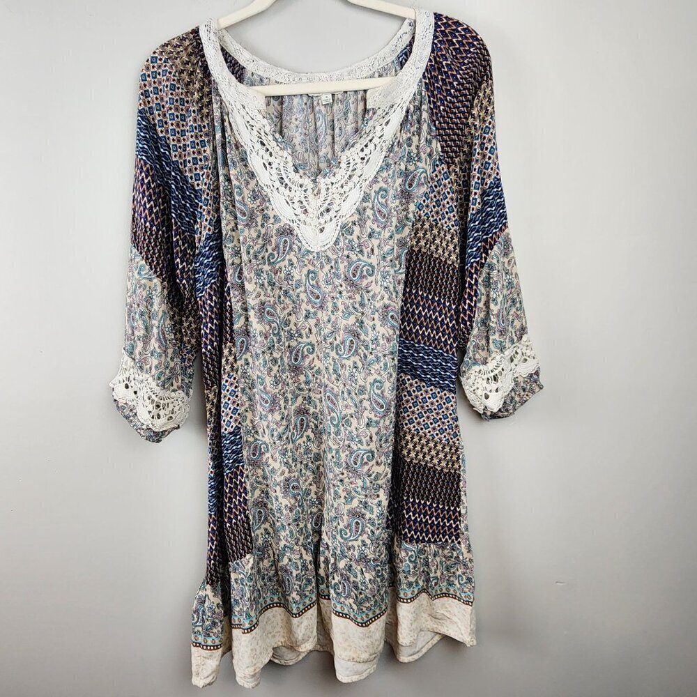 Umgee USA sz S paisley floral geometric boho mini dress tunic lace accents